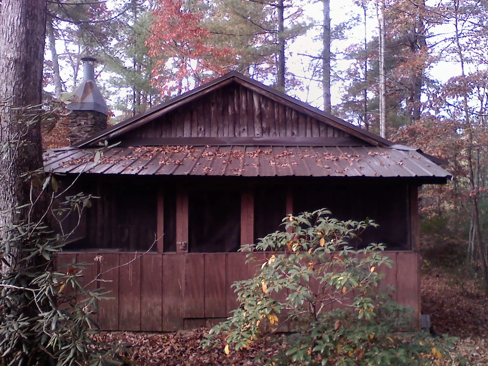 Metal roof over the screened porch of a rustic cabin in New Berlin